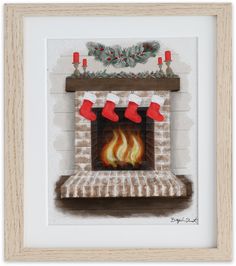 a painting of a fireplace with stockings on it