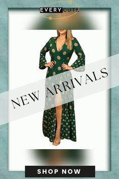 New Best-selling Long-sleeved Strap V-neck Printed Dress Women's Clothing Green V-neck Dress For Fall, Green Long Sleeve V-neck Dress For Fall, Spring Long Sleeve Green V-neck Dress, Color Pick, Printed Dress, Women's Fashion Dresses, Print Dress, Customer Support, Women's Clothing