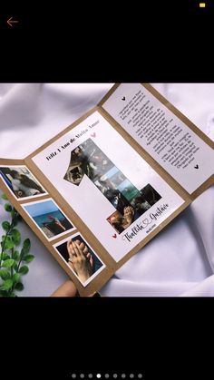 an open brochure with photos on it and some green plants in the background