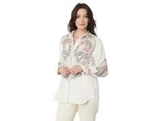 Johnny Was Palladium Blouse - Women's Clothing : Natural : Be a boho chic wearing the Johnny Was Palladium Blouse and look exceptionally classy. Regular fit. Classic collar neckline. Long sleeves construction with buttoned cuffs. Front fabric button closure. Allover eye-catching embroidery. Stepped hem. 100% cotton. Machine washable. Imported. Workwear Blouse With Embroidered Cuffs, Embroidered Cuffs Blouse For Workwear, White Bohemian Blouse With Button Closure, Summer Workwear Blouse With Embroidered Cuffs, Spring Daywear Blouse With Embroidered Cuffs, Spring Blouse With Embroidered Cuffs For Daywear, Embroidered Cuffs Blouse For Spring Daywear, Chic White Blouse With Embroidered Sleeves, Summer Long Sleeve Blouse With Embroidered Cuffs