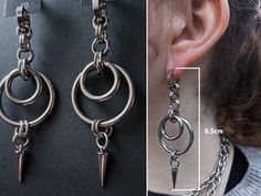 Echoes O-ring and Spike Earrings, Punk Dangle Earrings - Etsy Diy Punk Earrings, O Ring Jewelry, Trendy Metal Hoop Piercings, Punk Style Metal Dangle Hoop Earrings, Punk Style Stainless Steel Metal Ring Jewelry, Punk Stainless Steel Jewelry With Metal Ring, Metal Drop Earrings For Party, Metal Drop Cartilage Earrings For Party, Edgy Round Metal Jewelry