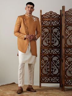 Vastramay mens mustard cotton blend peal embroidery indo western with cream kurta pant set Embroidery Kurta, Kurta Pant Set, Pearl Embroidery, Asymmetric Top, Mustard Color, Kurta With Pants, Sleeves Top, Asymmetrical Tops, Packaging Labels