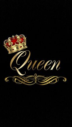 the word queen with a gold crown on it's head and red stones in its center