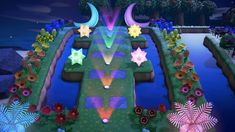 an animated garden with flowers and stars in the sky