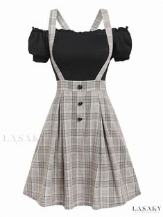 Lasaky - Waist Grid Overalls Dress with Solid Color Cotton Shirt Spliced Dress Skirt Set Two Piece, Off The Shoulder Tee, Pastel Outfit, Top And Skirt Set, Suspender Skirt, Modieuze Outfits, Top And Skirt, Dress Top, Overall Dress