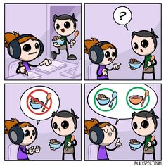 a comic strip with two people talking to each other and one has headphones on