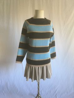 "vintage 1960s pullover women's sweater label-DEMETRE pure virgin wool striped wide dark brown, light blue and thinner mocha brown striped raglan cut good vintage condition w/wear-repairs-tiny underside patches labeled M, fits more like xs/s-see below shoulder-n/a neck to sleeve-25 1/2\" chet-17 1/2\" length-25\"" Striped Stretch Sweater For Fall, Fitted Brown Crew Neck Sweater, Retro Fitted Long Sleeve Sweater, Striped Fitted Crew Neck Sweater, Winter Striped Fitted Sweater, Fitted Retro Striped Sweater, French New Wave Fashion, Blue Stripes Outfit, Striped Pullover