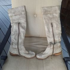 Steve Madden Ivory Sabra Over The Knee Boots 8 Color Is Stated As Ivory I Think More Gray Leather Upper Manmade Sole Inside 1/2 Zip Ankle And Top Strap Style Is Sabra 21" Shaft 1" Heel Excellent Condition Shoes Steve Madden, Gray Leather, Grey Leather, Steve Madden Shoes, Over The Knee Boots, Over The Knee, Knee Boots, The Knee, Steve Madden