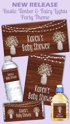 baby shower sign and bottle labels with lights on them, in brown wood grain paper