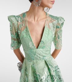 Sequined tulle gown  in blue - Elie Saab | Mytheresa Spring A-line Gown With Lined Bodice, Green A-line Gown For Spring, Summer Wedding Evening Dress With Lined Bodice, Evening A-line Tulle Gown, Silk A-line Evening Gown, Green A-line Tulle Dress, Silk A-line Gown For Evening, Spring Silk A-line Gown, Elegant V-neck Tulle Dress