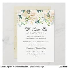 an elegant wedding card with white roses and greenery on the front, in gold foil