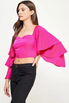 Trumpet sleeve top in stretch satin fabric. This crop top features a sweetheart neckline and long tiered trumpet sleeves. For a comfortable and flattering fit, smocking adorns the back, paired with a high back tie. The playful and flowy sleeves will make any outfit stand out! Questions about fit? Email Support@LillaCavallo.com for additional help with choosing the perfect size for you! Trumpet Sleeve Top, Stretch Satin Fabric, Trumpet Sleeves, Satin Crop Top, Trumpet Sleeve, Flowy Sleeves, Stretch Satin, Crop Top Blouse, Satin Fabric