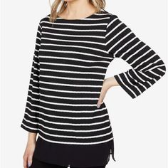 Vince Camuto Vince Camuto Long Sleeve Knit Stripe Tunic Is A Great Top For Everyday Fashion. Boat Neck Line. Long Sleeved Construction. Sheer Paneling At The Hem. 86% Rayon, 9% Polyester, 5% Spandex. Machine Wash, Dry Flat Product Measurements Were Taken Using Size Sm. Please Note That Measurements May Vary By Size. Measurements: Approximately 28” Length Approximately 18.25” Armpit To Armpit Black Jacquard Knit Long Sleeve Top, Black Jacquard Knit Top For Spring, Black Textured Knit Top For Layering, Elegant Black Textured Knit Top, Black Knit Top For Spring Workwear, Spring Black Knit Top For Work, Chic Black Jacquard Knit Sweater, Versatile Black Long Sleeve Knit Top, Black Stretch Knit Top For Workwear