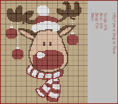 a cross stitch pattern with a reindeer wearing a santa hat and holding a candy cane