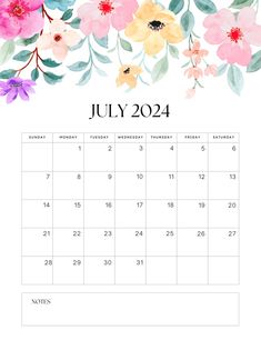 the july calendar with watercolor flowers on it