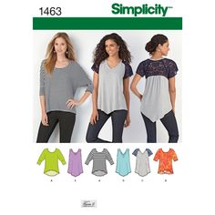 two women's tops and one woman's top sewing pattern