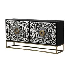 a black and white sideboard with gold accents on the front, two doors and one drawer