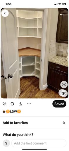 an empty pantry with the door open to reveal what's in it and how do you think?