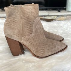 Gorgeous Vince Camuto Booties! Never Worn, Still Have Stickers On Bottom Of Shoe. Size 7.5. Soft Suede. Spring Boots With Heel Tab, Medium Width, Spring Ankle-high Boots With 4-inch Heel, Spring Suede High Heel Boots, Spring Ankle Boots With 4-inch Heel, Spring Suede Booties With Round Toe, Spring Heeled Boots With Stacked Heel And Closed Toe, Spring Ankle Boot Heels With 4-inch Heel, Ankle-high Suede Booties For Spring, Round Toe Heels With Heel Pull Tab For Spring