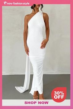 White Sexy Solid Backless Oblique Collar Long Dress Dresses One-shoulder Stretch Solid Color Dress, One Shoulder Stretch Dress In Solid Color, One-shoulder Stretch Dress In Solid Color, Non-stretch Halter Neck Maxi Dress For Party, Non-stretch Halter Neck Dress For Night Out, White Summer Bodycon Prom Dress, White Bodycon Dress For Prom In Summer, White Summer Bodycon Dress For Prom, Elegant Non-stretch Backless Dress