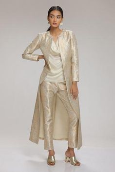 Shop for Chhaya Mehrotra Cream Brocade Jacket And Pant Set for Women Online at Aza Fashions Brocade Coat Pant Women, Brocade Jackets Women Indian, Brocade Jackets Women, Western Outfits For Wedding, Brocade Top, Grey Kurta, Brocade Jacket, Knee Length Jacket, Banarasi Brocade