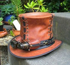 Tan kangaroo leather Steampunk corset style Top Hat with | Etsy Vintage Fitted Hat For Cosplay, Fitted Vintage Hat For Cosplay, Steampunk Brown Leather Hat, Brown Leather Steampunk Hat, Vintage Fitted Top Hat For Cosplay, Custom Fitted Brown Top Hat, Steampunk Leather Hat For Festivals, Steampunk Brown Leather Top Hat, Steampunk Leather Festival Hat