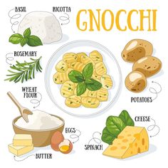 the different types of gnocchini on a plate with cheese, bread and herbs