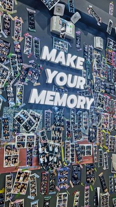 a wall with many pictures and words on it that says make your memory written in white letters