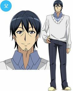 an anime character with black hair and blue eyes, standing next to another man in white shirt