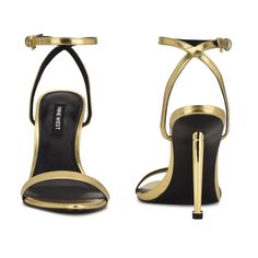 Your favorite strappy high heeled ankle strap sandals are getting a sexy upgrade with the Reina dress sandals. The simple yet sexy silhouette is paired with a ultra glamorous decorative metallic stiletto heel. Black Dress Gold Heels, Trendy Shoes For Women High Heels, Black And Gold Heels, Big Steppa, Bridesmaid Stuff, Girl Hacks, Gold Strappy Heels, Gold High Heels, Prom 2024