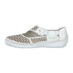 Rieker Comfort Slip-On Women's Ballerinas, White Rieker Comfort Slip-On Women's Ballerinas, White Experience the perfect blend of comfort and style with these crystal white ballerinas crafted from faux leather by Rieker. The elastic insert ensures easy slip-on while the lightweight, shock-absorbing sole provides lasting comfort even on the longest days. Additionally, the extra soft insole adds an extra layer of comfort. Step into fashionable comfort with Rieker's style!    Color:  White   Closure:  Slip-On   Care Instructions:  Remove dust and dirt with a soft shoe brush or a lint-free, slightly damp cloth. White Slip-on Walking Shoes With Flat Heel, White Leather Walking Shoes With Rubber Sole, White Low-top Walking Shoes With Removable Insole, White Leather Walking Shoes With Removable Insole, White Flat Heel Walking Shoes, White Walking Shoes With Rubber Sole And Round Toe, Casual White Closed Toe Walking Shoes, White Perforated Lace-up Walking Shoes, White Lace-up Walking Shoes With Perforations