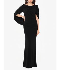 Betsy & Adam Cowl Neck Sleeveless Draped Back Mermaid Gown | Dillard's Fitted Pre-draped Evening Dress With Cape Sleeves, Fitted Pre-draped Evening Dress With Cowl Back, Fitted Bodice Gown With Cowl Back, Fitted Draped Gown With Sweep Train, Formal Fitted Gown With Cowl Back, Elegant Evening Dress With 4-way Stretch, Elegant Formal Dress With 4-way Stretch, Elegant Wedding Dress With 4-way Stretch, Sheath Gown