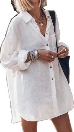 Casual White Shirt Dress With Buttons, Summer Tunic Blouse With Buttons, V-neck Shirt Dress With Buttons For Vacation, Spring Vacation Blouse With Button Cuffs, White Collared Shirt Dress For Vacation, White Shirt Dress With Button Cuffs, White Button-up Shirt Dress For Vacation, V-neck Shirt Dress With Button Closure For Beach, Long Sleeve Shirt Dress With Button Closure For Beach