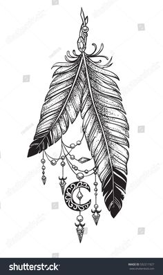 a black and white drawing of a feather with beads hanging from it's side