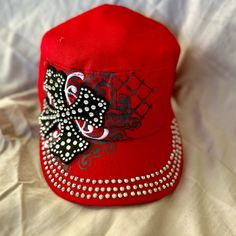 These Hats Are New From Mfg. Beautiful Bling And Stich Work. Each One Has An Adjustable Velcro Back. Color Is Red. Casual Rhinestone Snapback Hat, Casual Rhinestone Hat, One Size Fits Most, Casual Rhinestone Hat, One Size, Red Fitted Snapback Hat, Casual Rhinestone Hat One Size Fits Most, Casual Rhinestone Hat, Red Fitted Trendy Hat, Trendy Fitted Red Hat, Y2k Makeup