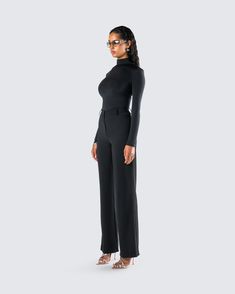 Take things to a new level in this two-piece set 🖤 Featuring a black mockneck top paired with black high rise pants - this fit is all you need to give off a sleek and lux vibe that will intimidate them all 🤩 High Waist Black Top For Fall, Chic High Neck Mock Neck Top For Workwear, Versatile Black Pants For Evening, Versatile Black Evening Pants, Elegant Stretch Mock Neck Top For Night Out, Sleek Black Mock Neck Top For Fall, Black High Waist Tops For Work, Chic High Stretch Black Pants, Chic Stretch Mock Neck Top For Party