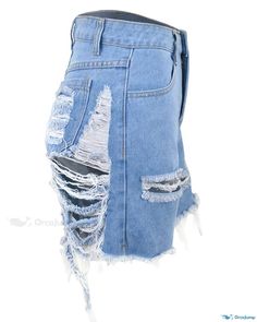 OrcaJump - Contemporary Distressed Denim Shorts with Cutout Details and Fringe Hem Summer Cotton Jeans With Holes, Casual Summer Bottoms With Holes, Casual Denim Bottoms With Distressed Detail, Casual Denim Bottoms With Holes, High Rise Summer Bottoms With Holes, Ripped High Rise Denim Bottoms, High Rise Ripped Denim Bottoms, Ripped Denim Short Jeans, Spring Ripped Short Jeans