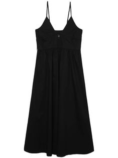 black cotton V-neck cut-out detailing adjustable spaghetti straps adjustable under cup straps side tie detailing gathered detailing flared skirt mid-length Midi Dress Black, Versace Outfit, City Dress, Cotton Midi Dress, Summer Beach Wear, Flared Skirt, Black Midi Dress, Flare Skirt, Mid Length