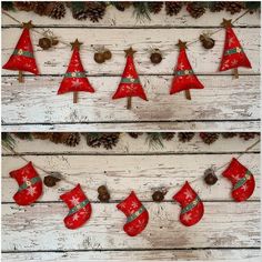 red christmas stockings hanging on a string with pine cones