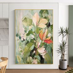 a painting hanging on the wall next to a potted plant in a living room