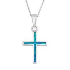 "Showcase your faith with the beauty of this lab-created blue opal and sterling silver cross pendant. Comes in a gift box.PENDANT DETAILS Pendant length: 1.18 in. Chain length: 18 in. Clasp: spring-ring Metal: rhodium-plated sterling silver STONE DETAILS Stone type: lab-created blue opal Setting: inlay  Size: 18"". Gender: female. Age Group: adult." Necklaces Blue, Necklace Cross, Sterling Silver Cross Pendant, Topaz Pendant, Silver Cross Pendant, Blue Cross, Necklace Blue, Sterling Silver Cross, Cross Pendant Necklace