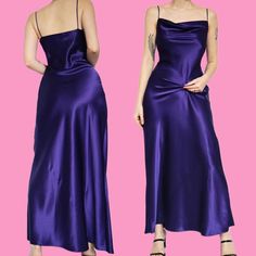 🌹Beautiful purple satin slip dress with cowl neckline UK 8 & UK 10🌹 Condition: No faults or marks ✔️ Label: Yessica by C&A  Size:  UK 8 (W27, B32 & H38 inches)  UK 10 (W29, B34 & H40 inches)  Length: Maxi (ankle length on the 5'8 model) Model size: 10 Model height: 5'8 🌹any questions please do not hesitate to ask🌹 🌹these are vintage items so are in a used condition and may have loose stitching or marks however all noticeable flaws will be shown 🌺 🌹no returns🌹 Fitted Solid Satin Dress With Bias Cut, Fitted Solid Color Satin Dress With Bias Cut, Solid Color Satin Dress With Bias Cut, Fitted Bias Cut Dress For Night, Bias Cut Fitted Dress For Night, Solid Satin Night Dress, Solid Satin Dresses For Night, Fitted Bias Cut Slip Dress With Cowl Neck, Fitted Satin Finish Slip Dress For Night