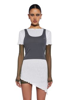 Basic Pleasure Mode Layered Mesh Lettuce Trim Long Sleeve Top - White – Dolls Kill Fitted Tops With Fake Two-piece For Layering, Casual Cropped Mesh Top, Spring Streetwear Short Sleeve Mesh Top, Trendy Stretch Tops With Mesh Sleeves, Casual Short Sleeve Top With Fake Two-piece Design, Casual Short Sleeve Fake Two-piece Top, Casual Mesh Crop Top For Spring, Casual Spring Mesh Crop Top, Casual Sheer Mesh Tank Top