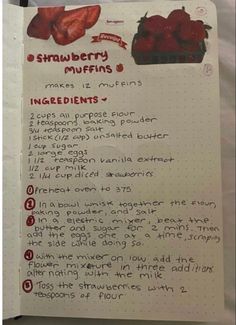 a recipe book with strawberries on it and instructions for how to make strawberry muffins