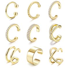 PRICES MAY VARY. ❤𝗘𝗮𝗿 𝗖𝘂𝗳𝗳 𝗘𝗮𝗿𝗿𝗶𝗻𝗴𝘀❤ A set of 9pcs gold ear cuffs in classic and versatile styles,exqusite and trendy design,inlaid with AAA+ cubic zirconia,give you a stylish and beautiful daily appearance. ❤𝟭𝟴𝗞 𝗚𝗼𝗹𝗱 𝗣𝗹𝗮𝘁𝗲𝗱❤ The cuff earrings maded of brass with 18k gold plated for long time fade resistance,nickel-free and lead-free,hypoallergenic and lightweight,suitable for sensitive ears. Smooth surface,comfortable to wear all day without any burden. ❤𝗡𝗼 𝗡𝗲𝗲? Fake Earrings, Personalized Matches, Gold Ear Cuff, Traditional Earrings, Cartilage Earring, Ear Cuff Earings, Ear Cuffs, Cartilage Earrings, Cuff Earrings