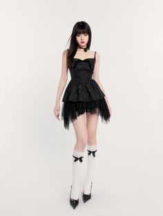 Flirty Ruffled Mini Dress For Costume Party, Flirty Black Dress With Bow, Flirty Black Mini Dress With Bow, Coquette Mini Dress With Ruffle Hem, Flirty Evening Dresses With Bow Straps, Chic Ruffled Mini Dress For Costume Party, Gothic Mini Dress With Ruffles For Evening, Chic Corset Dress With Ruffle Hem For Party, Fitted Ruffle Hem Dress