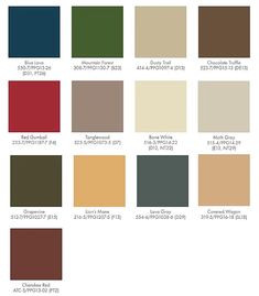 the color chart for different colors of paint in various styles and sizes, including red, brown