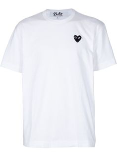 White cotton t-shirt from Comme des Garçons featuring a round neck, short sleeves and a contrasting black stitched design logo at the chest. Streetwear T-shirt With Appliqué Logo And Short Sleeves, Cotton T-shirt With Logo Emblem For Streetwear, Casual White T-shirt With Embroidered Logo, Cotton Crew Neck T-shirt With Appliqué Logo, Summer Cotton Tops With Logo Patch, White Crew Neck T-shirt With Embroidered Logo, Classic Cotton T-shirt With Logo Patch, Short Sleeve Tops With Logo Patch For Summer, Casual Summer Tops With Logo Patch