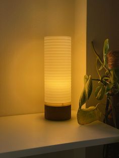 a white lamp sitting on top of a table next to a potted green plant