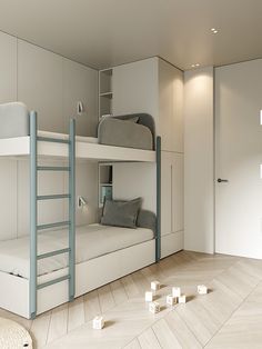 there is a bunk bed in the room with white walls and wood flooring on the floor